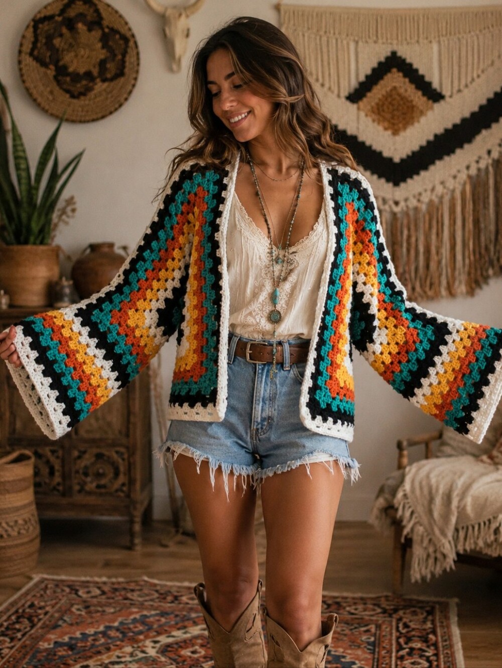 Tribal Bae Hexagon Cardigan Granny Square Wide Sleeve Boho Multicolor Handmade